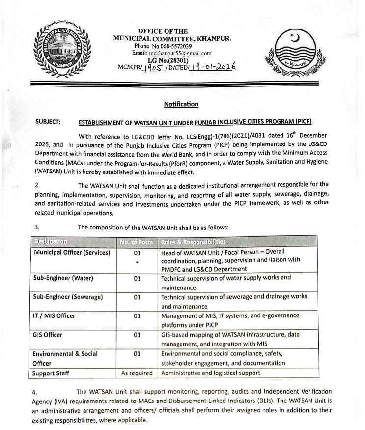 WATSAN Unit Operationalization in MCs  