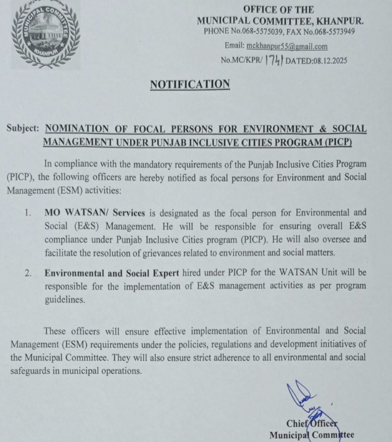 Nomination of Focal Persons for E&SM  